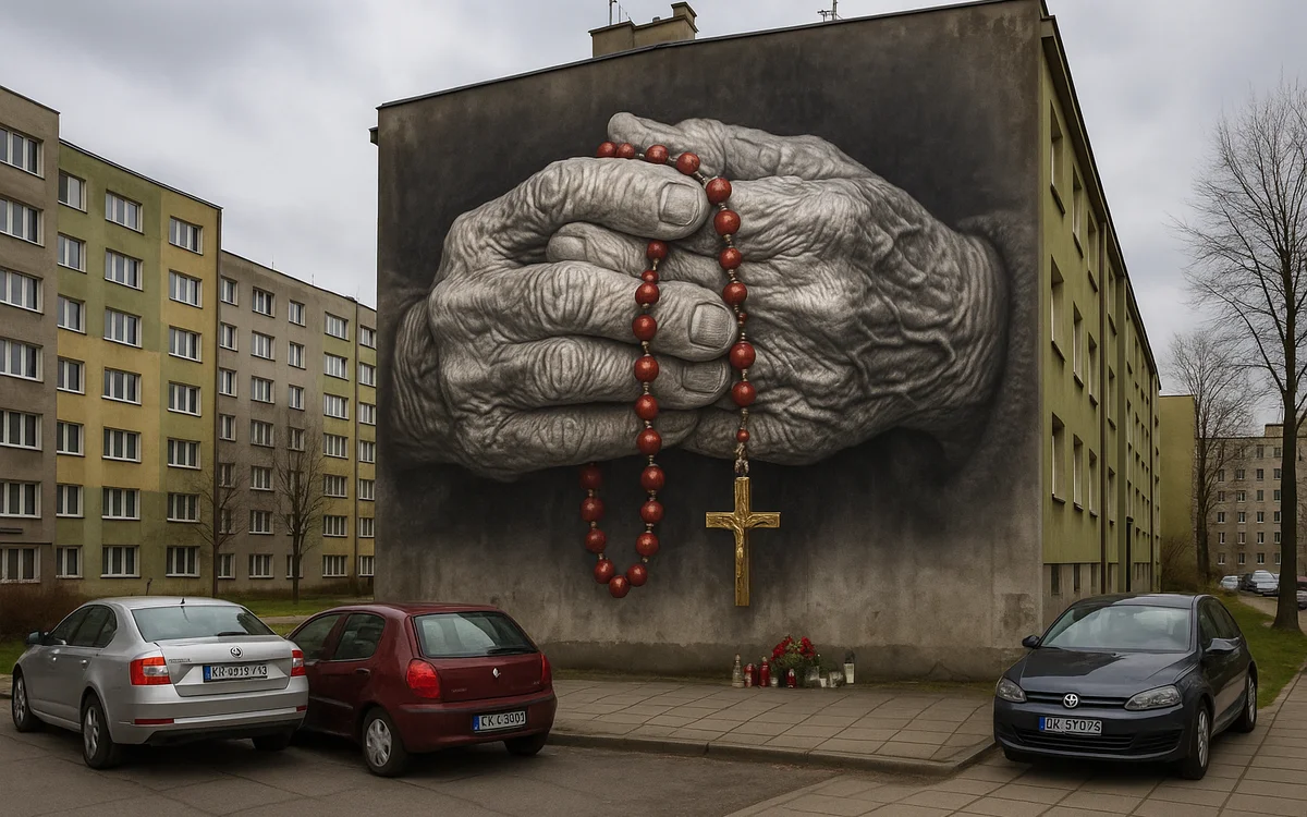 Koncepcja muralu: Dłonie z różańcem